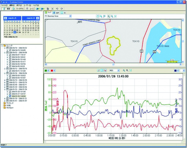 トレーニングデータ管理画面　付属ソフト「トレーニングセンター」を使用することでスピード、心拍変化、コース高低差、走行軌跡を表示できる
