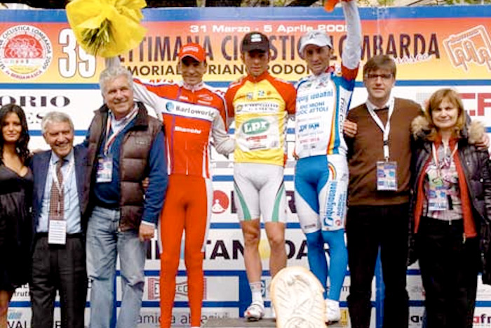 表彰台、左から2位マウリシオ・ソレール（コロンビア、バルロワールド）、優勝ダニエーレ・ピエトロポッリ（イタリア、LPRブレークス）、3位ダヴィデ・レベッリン（イタリア、ディキジョヴァンニ）
