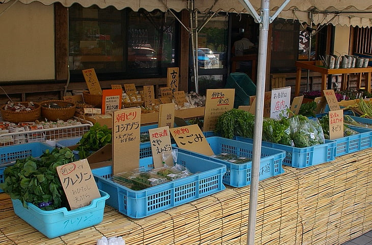道の駅は市場にもなっていて、新鮮な朝採れ野菜がならびます。