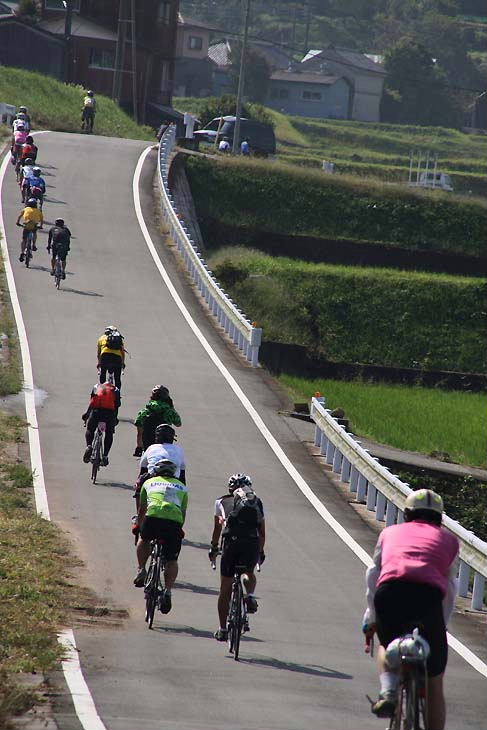 なだらかな起伏が続く田園風景を走る