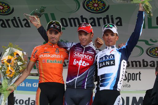 表彰台、左から2位サムエル・サンチェス（スペイン、エウスカルテル）、優勝フィリップ・ジルベール（ベルギー、サイレンス・ロット）、3位アレクサンドル・コロブネフ（ロシア、サクソバンク）