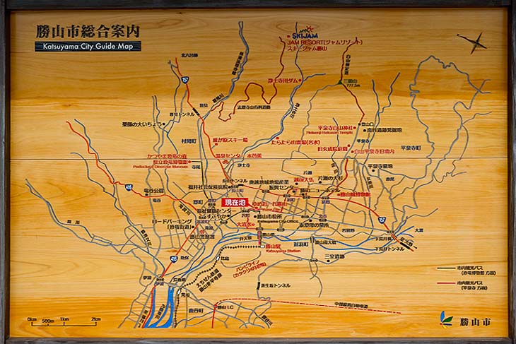 ゆめおーれ近くにあった勝山市の案内図。日帰りエリア内にみどころがいっぱい