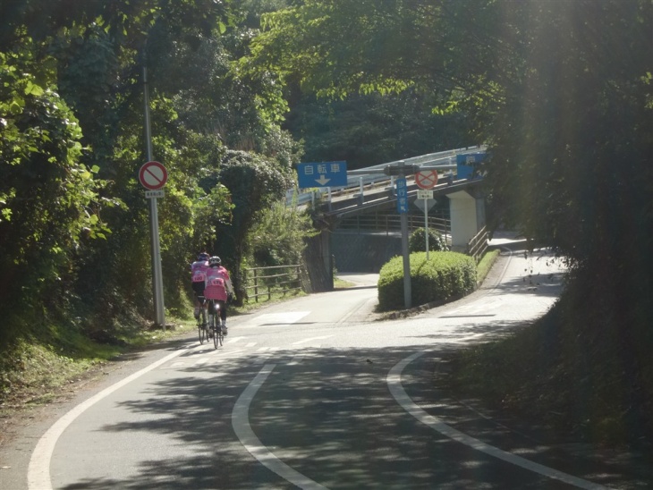 長い下りでは、自転車と原付の通る道もちゃんと分けられているので安心