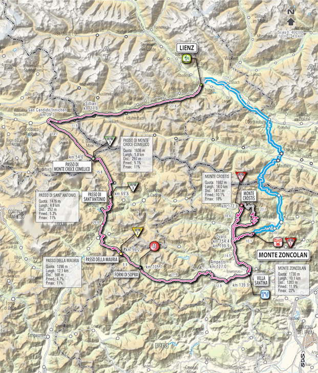 モンテ・クロティスを含むジロ第14ステージのコースマップ