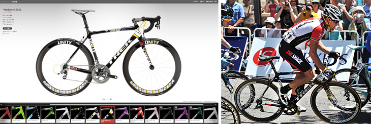 プロジェクトワンに新登場したUNITY MADONE ブラックカラー(左)と、プロ最後のレース「ツアー・ダウンアンダー」でUNITYマドンを駆るランス