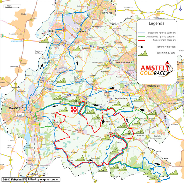 アムステル・ゴールドレース2012コースマップ　1周目・青、2周目・緑、3周目・赤