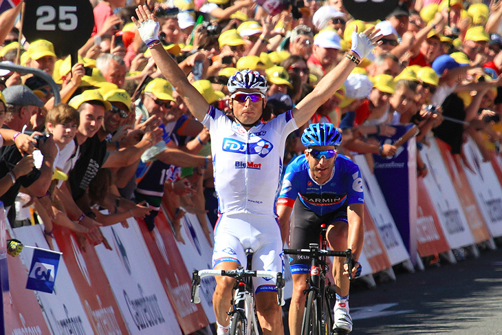 第15ステージ優勝のピエリック・フェドリゴ（フランス、FDJビッグマット）。長い病気療養を経て、感動的な復活勝利を挙げた