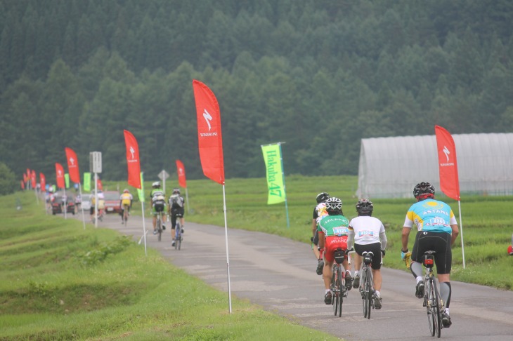 上りが立ち並ぶ会場へ続く道　120kmという距離以上に走りごたえがあった