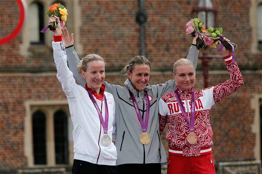 女子タイムトライアル表彰台、左から2位ユーディト・アルント(ドイツ)、優勝クリスティン・アームストロング(アメリカ)、3位オルガ・ザベリンスカワ(ロシア)