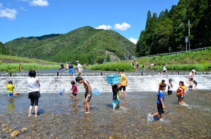 参加者総数は100名の子供達が行き先の川で川遊び