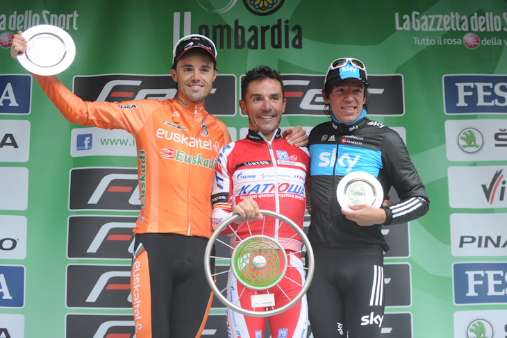 表彰台、左から2位サムエル・サンチェス（スペイン、エウスカルテル）、優勝ホアキン・ロドリゲス（スペイン、カチューシャ）、3位リゴベルト・ウラン（コロンビア、チームスカイ）