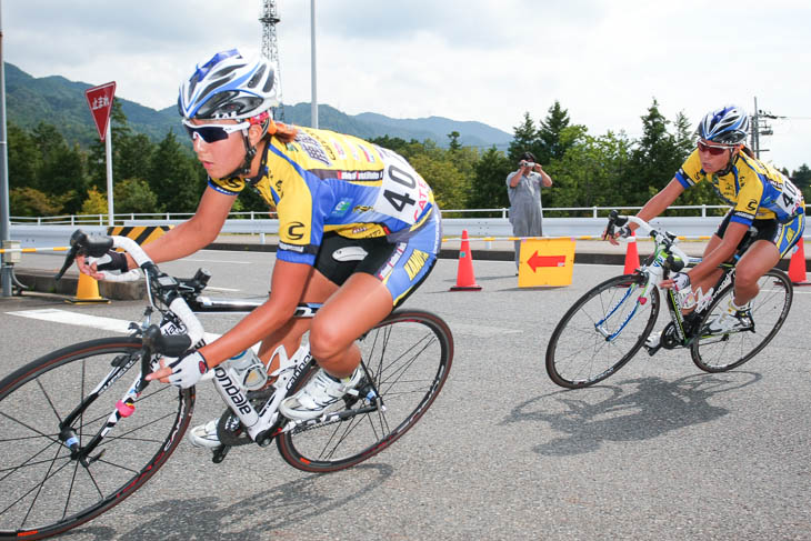 全日本学生選手権クリテリウム2012で逃げる上野みなみと塚越さくら