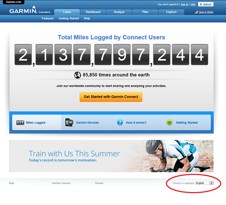 写真1：ガーミンコネクトのトップページ。画面右下の「Choose a Language」で言語を選ぶ