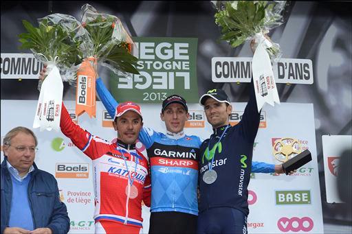 リエージュ〜バストーニュ〜リエージュ2013表彰式　優勝ダン・マーティン、2位ロドリゲス、3位バルベルデ