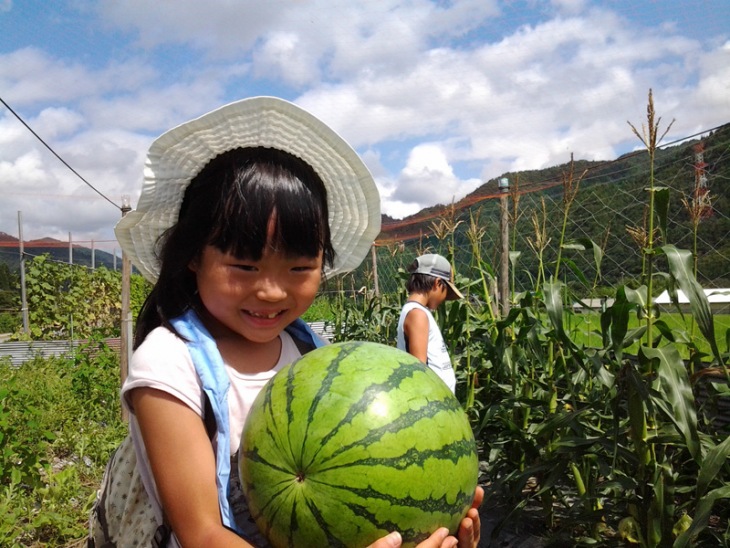 農家体験では、両手に一杯の野菜をゲット!