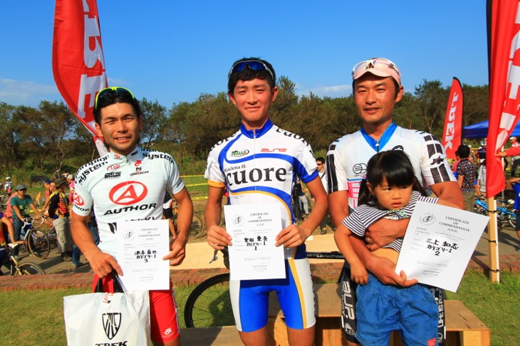 C1 優勝の重田兼吾（Team CUORE）、2位三上 和志（cycleclub3UP）、3位池本 真也（和光機器-AUTHOR）