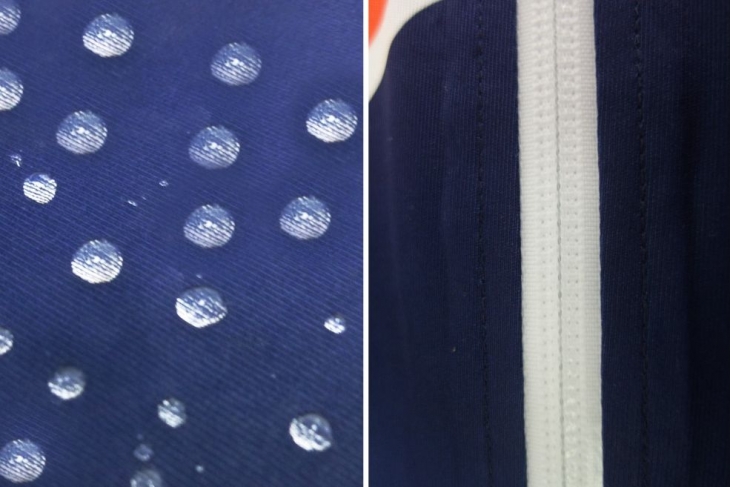 生地表面の撥水加工加工(左)と防水使用のジッパー(右)によって完全防水を実現