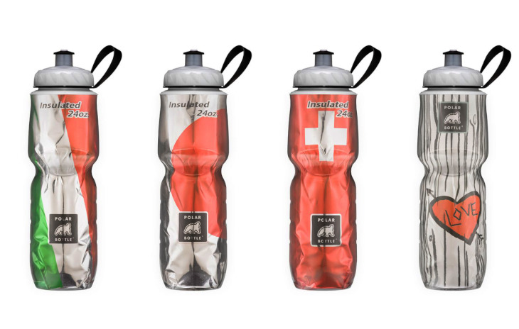 ポラー保冷ボトル24オンス（左からイタリアフラッグ、ジャパンフラッグ、スイスフラッグ、スイートハートツリー）