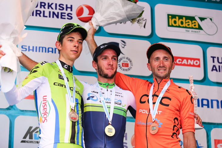 2014年ツアー・オブ・ターキー第6ステージのトップスリー、2位フォルモロ、優勝イェーツ、3位レベッリン