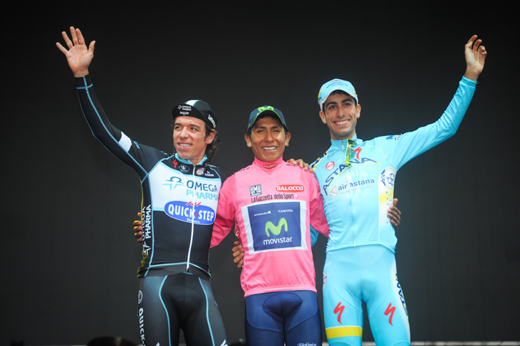 2014年ジロ総合表彰台、2位リゴベルト・ウラン(コロンビア、オメガファーマ・クイックステップ)、優勝ナイロ・キンタナ(コロンビア、モビスター)、3位ファビオ・アル(イタリア、アスタナ)