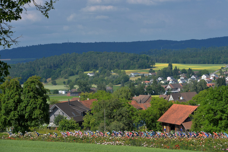 スイス北部の田園風景の中を走るプロトン