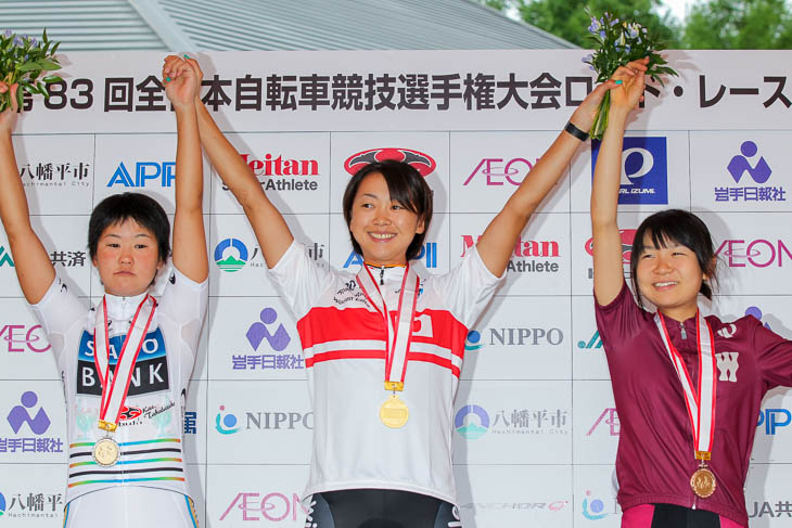 女子エリートは全日本選手権で1位の萩原麻由子（Wiggle HONDA）と2位の與那嶺恵理(サクソバンクFX証券)