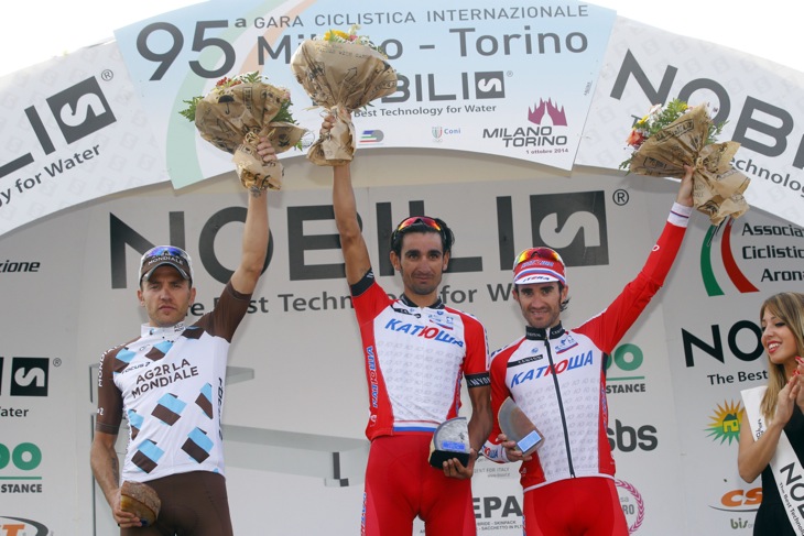 ミラノ〜トリノ2014表彰台 1位ジャンパオロ・カルーゾ（イタリア、カチューシャ）、2位リナルド・ノチェンティーニ（イタリア、AG2Rラモンディアール）、3位ダニエル・モレーノ（スペイン、カチューシャ）