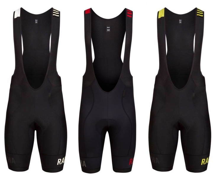 Rapha Pro Team Thermal Bib Shorts(左からブラック、ブラック/レッド、ブラック/シャルトリューズ)