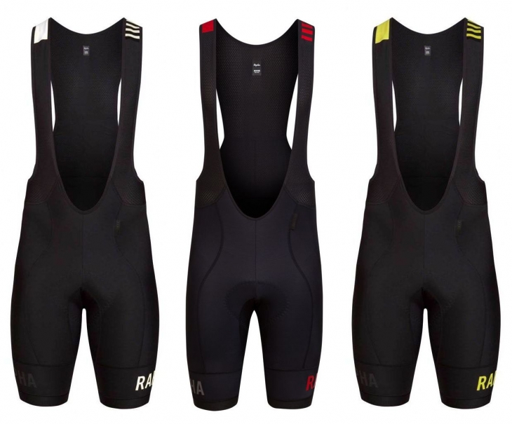 Rapha Pro Team Thermal Bib Shorts（左からブラック、ブラック/レッド、ブラック/シャルトリューズ）