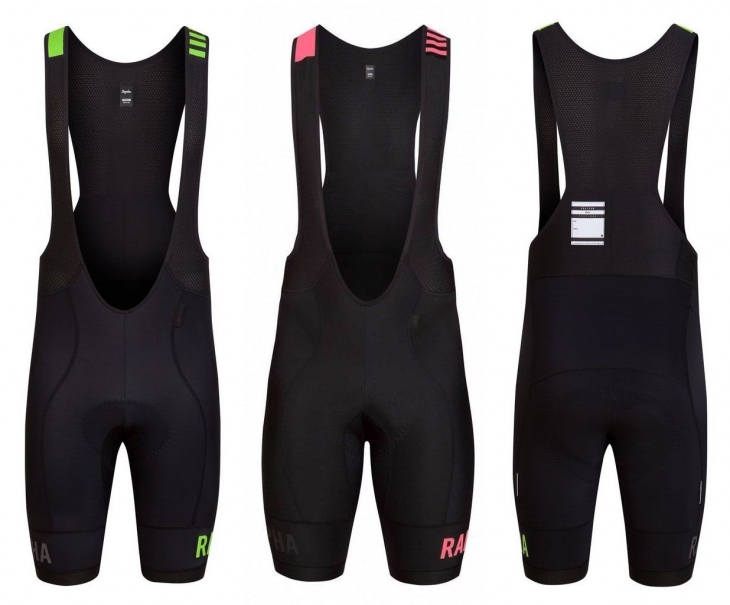 Rapha Pro Team Thermal Bib Shorts(左からブラック/グリーン、ブラック/ハイビズピンク、背面)
