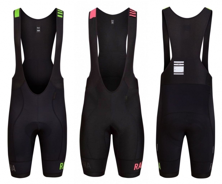 Rapha Pro Team Thermal Bib Shorts（左からブラック/グリーン、ブラック/ハイビズピンク、背面）