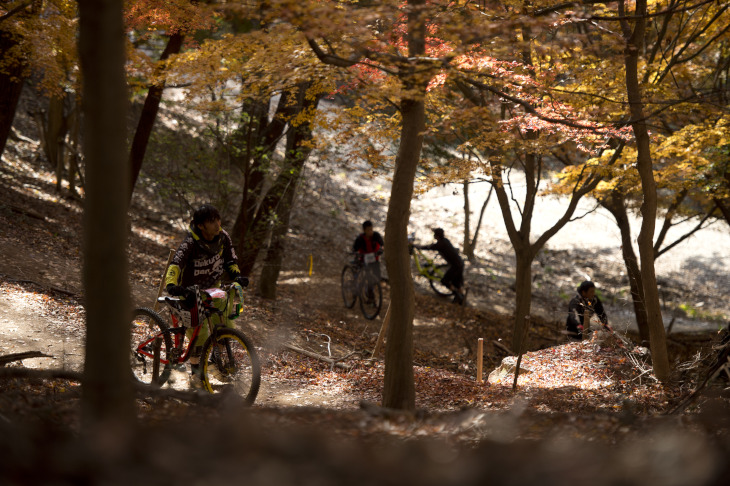 搬送設備はなく、参加者はスタート地点までゆっくりとバイクを押し上げる。木漏れ日が心地良い