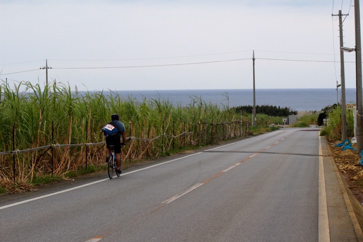 海へと一直線に続く道。曇り模様なのが残念でならない