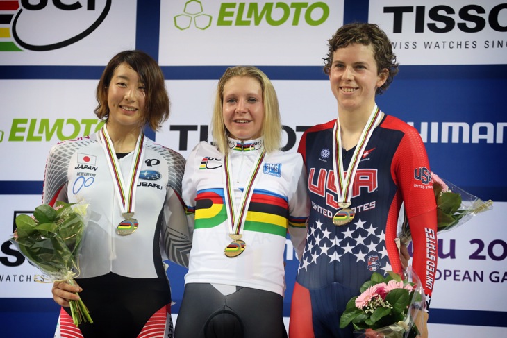 世界選手権女子ポイントレースで銀メダルを獲得した上野みなみ(鹿屋体大大学院)