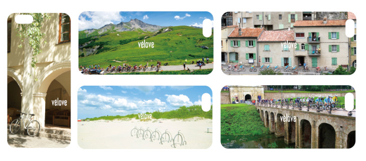 iPhoneケースに採用された自転車ある風景を写した写真(左Campus、中央上Col de la Madeleine、中央下Beach、右上Town、右下Bridge)