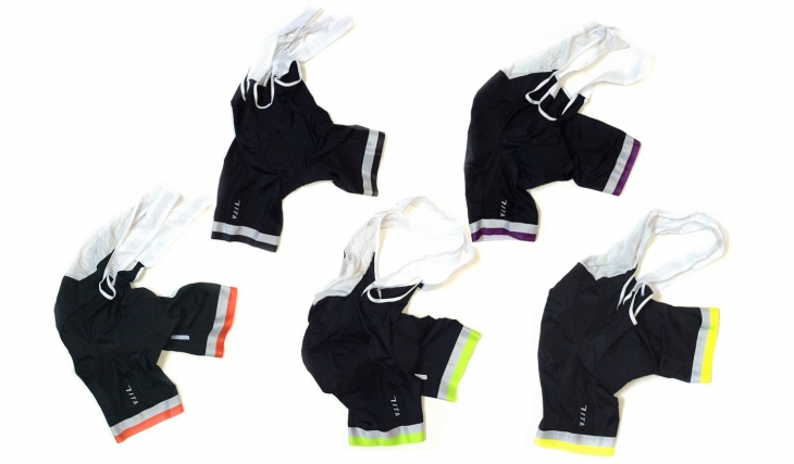 ジェッセージ Adamello Bibshorts（左上からWhite Grey/Black、Violet、Red、Lime Green、Neon Yellow）