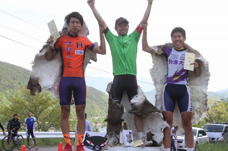ポイント賞上位3人、1位の川田優作(Honda栃木)、2位の相本祥政(法政大学自転車競技部)、3位の関谷聡(劇場版 駒澤大学)