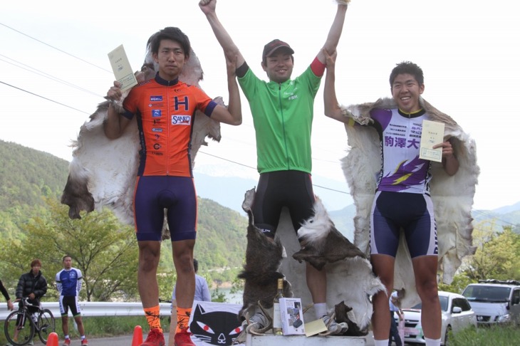 ポイント賞上位3人、1位の川田優作（Honda栃木）、2位の相本祥政（法政大学自転車競技部）、3位の関谷聡（劇場版 駒澤大学）