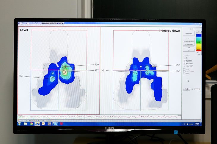 サドル先端を1度下げたことによりサドルプレッシャーが左右均一化、点負荷から面負荷へ
