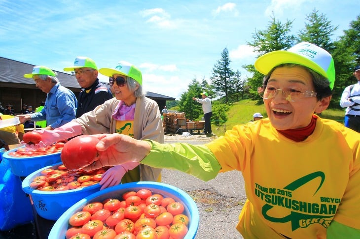 フィニッシュ地点では冷たいトマトが振る舞われる