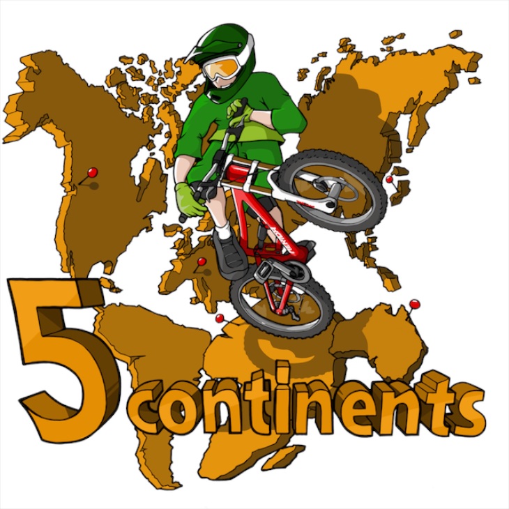 “5Continents 5spot “のグラフィックアイコン。彼が毎年のMTBアドベンチャーとして企画、実行している『ゴージャス・アドベンチャー（豪華な冒険）』の一環だ。