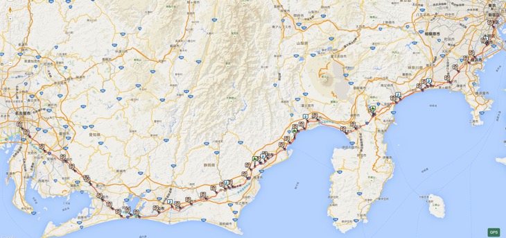 旧東海道五十三次旅程図 (GPS Cycling.netよりマッピングしたもの)