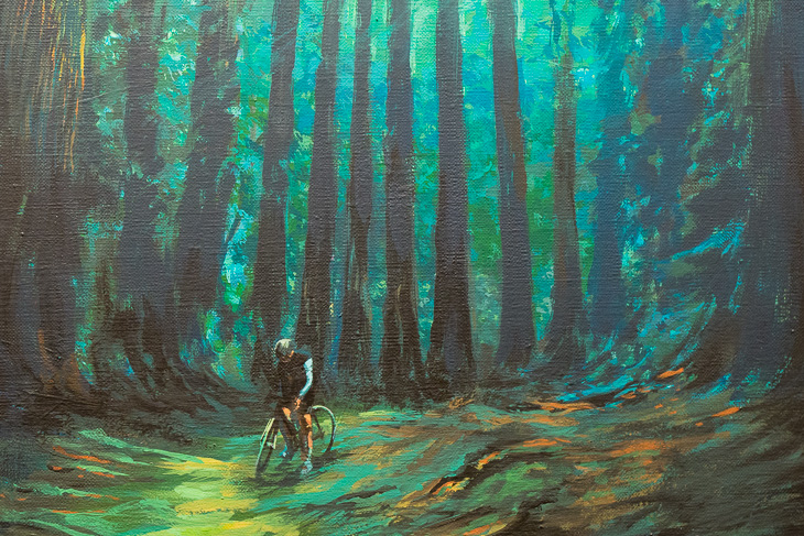 林の中に佇むサイクリスト。『Into the forest / 白紙委任状』はルネ・マグリットの同名作品へのオマージュとして描かれた