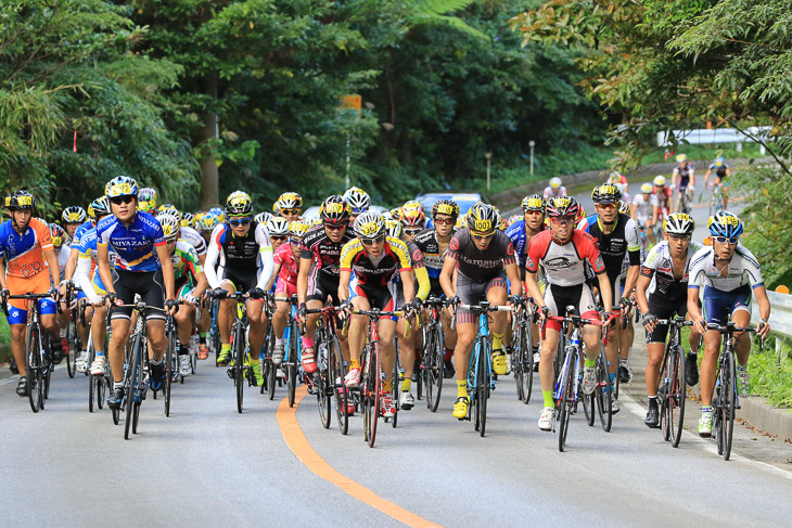 普久川ダムを登る市民140kmのメイン集団