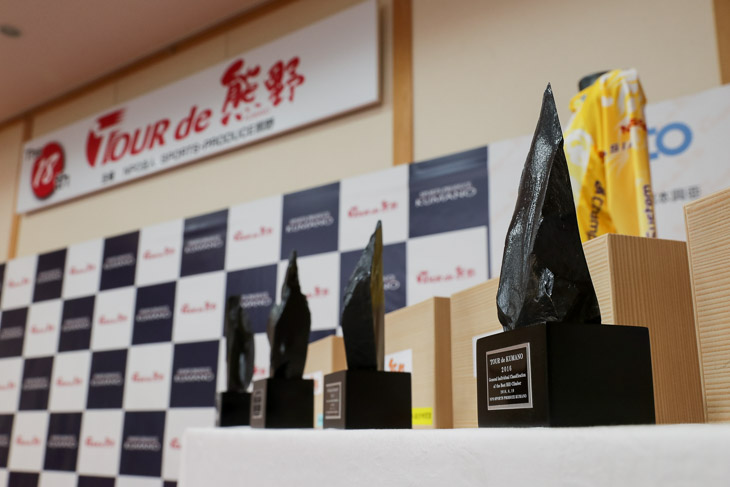 那智石の各賞トロフィとチャンピオンシステム製のジャージ。今年は日本人選手の活躍なるか?