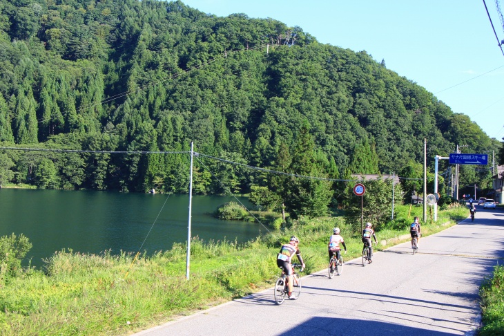 湖と周りの緑が気持ちのよい道を行く