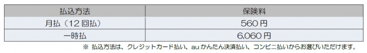 契約期間1年の保険料。12回払では1回あたり560円、一括払いでは6,060円となる