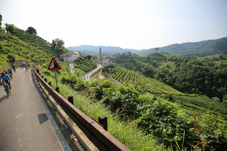 見渡す限りのブドウ畑とそのなかにたたずむ教会。山岳の絶景だけでなく、小さな村々をつないで走るのもラ・ピナのコースの魅力