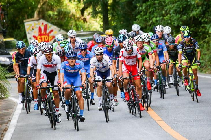 チャンピオン　140km地点、2回の与那上りを終え東海岸へ入った約30人のメイン集団