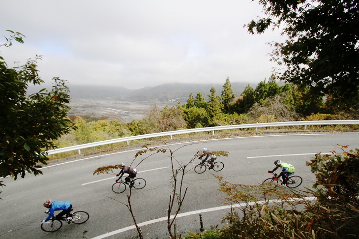 富士川の景色を遠くに眺めながら下っていく